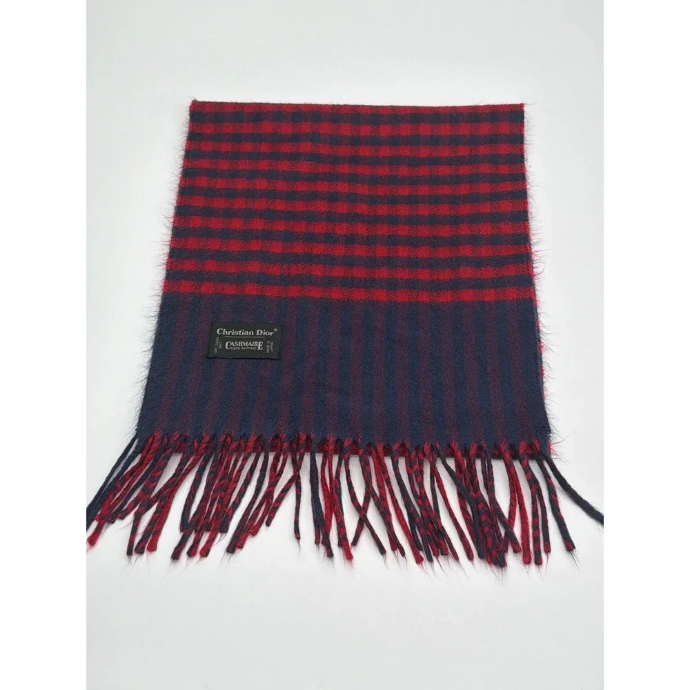 Christian Dior Scarf Mens Red Navy Blue Checkered Cashmaire‎ Acrylic Japan